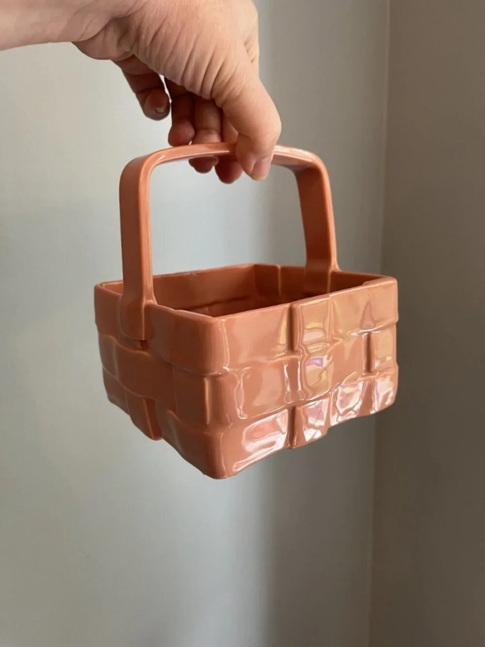 Vintage Ceramic Basket Planter Glossy Peach Finish With Woven Pattern